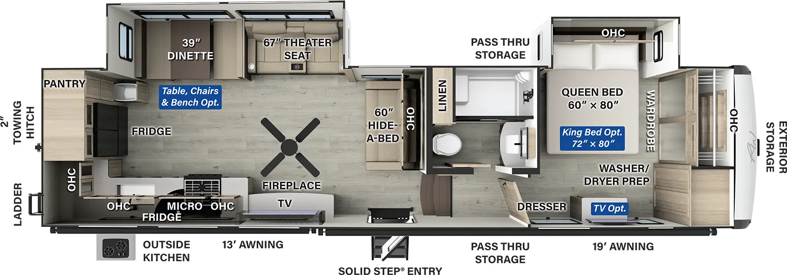 The Rockwood Signature Fifth Wheels R376RK has one entry and two slide outs. Exterior features include: fiberglass exterior, 13' & 19' awning and outside kitchen. Interiors features include: rear kitchen and front bedroom.